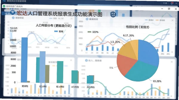 宏达人口管理系统报表生成功能演示图,软件窗口显示人口年龄分布柱状图和性别比例饼图,背景为数字图表和数据曲线,画面简洁专业