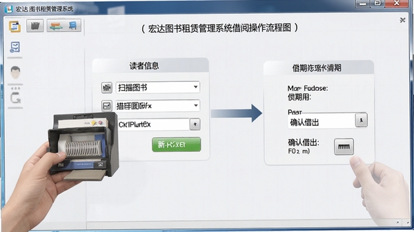 宏达图书租赁管理系统借阅操作流程图,展示从扫描图书到确认借出的动态界面,包含读者信息与借期显示,风格写实