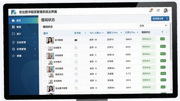 宏达图书租赁管理系统主界面预览图,画面展现其清晰的图书管理后台,左侧功能导航栏,右侧显示图书列表与借阅状态,整体风格简洁商务,色彩明快