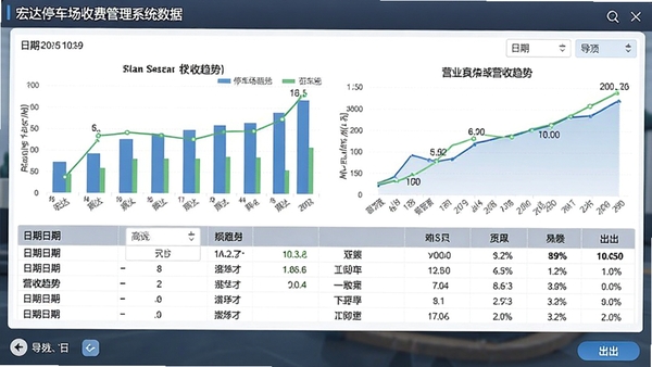 宏达停车场收费管理系统数据报表界面,展示柱状图与表格结合的营收趋势,包含日期选择器和导出按钮,界面整洁,数据清晰,比例16:9