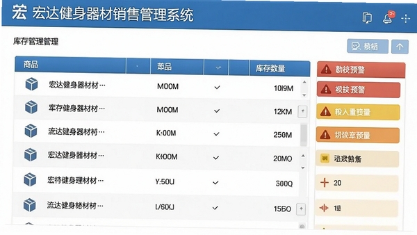 宏达健身器材销售管理系统库存管理界面,显示商品列表、库存数量及预警标识,设计简洁,数据条理清晰,体现高效管理能力