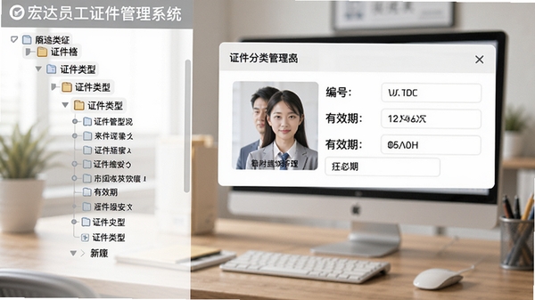 宏达员工证件管理系统证件分类管理界面,左侧为证件类型树状列表,右侧显示证件详情卡片,包含证件照片、编号、有效期等字段,背景为办公桌面,色调柔和,强调信息整理与归档功能