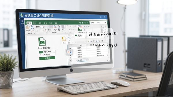 宏达员工证件管理系统批量导入导出操作界面,显示Excel文件导入向导,表格预览数据,背景为办公桌面,色调简洁,突出高效处理大量数据的能力