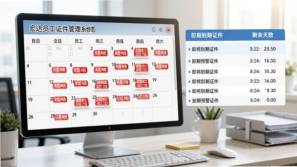 宏达员工证件管理系统到期预警提醒界面,日历视图上标注红色到期标记,列表显示即将到期证件及剩余天数,背景为办公桌面,色调明亮,突出预警功能的重要性