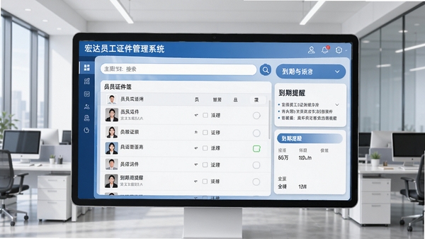 宏达员工证件管理系统主界面预览图,展示员工证件列表、搜索框、到期提醒模块,背景为现代简洁的办公室环境,色调以蓝白为主,界面清晰明亮,整体风格专业且友好