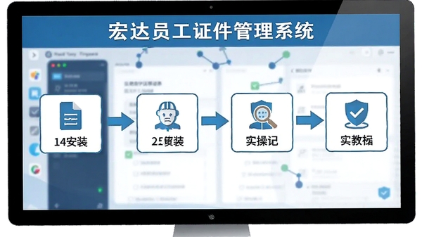 宏达员工证件管理系统使用教程示意图,展示从安装到配置的全过程,背景为电脑屏幕上的操作步骤,色调清晰,强调实操指导