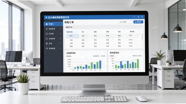 宏达墙纸销售管理系统主界面预览图,展示软件在电脑屏幕上的整体布局,左侧为功能导航栏,右侧为销售订单数据看板与库存图表,背景为整洁的现代化办公室环境,画面清晰,色彩明亮,突出专业与高效感