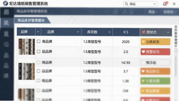 宏达墙纸销售管理系统商品库存管理模块截图风格画面,界面显示墙纸商品列表,包含缩略图、品牌型号、库存数量与预警状态,背景虚化处理,突出数据表格的清晰与整洁,整体色调专业稳重