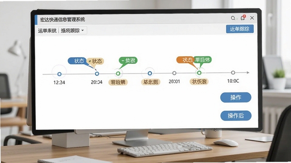 宏达快递信息管理系统运单跟踪界面截图,显示时间轴节点、状态标签和操作按钮,背景为办公桌面,画面简洁专业