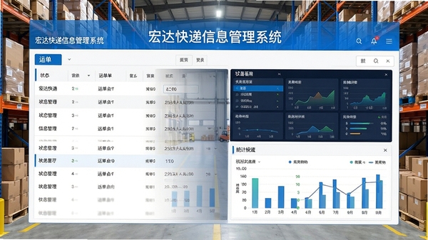 宏达快递信息管理系统主界面预览,展示运单列表、状态看板与统计图表,背景为物流仓库场景,整体色调为蓝白搭配,画面清晰明亮,软件名称显示在界面顶部
