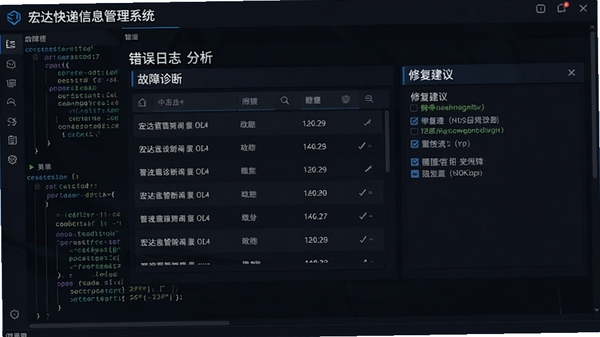 宏达快递信息管理系统错误日志分析界面,显示故障诊断列表与修复建议,背景为深色代码窗口,风格科技感强