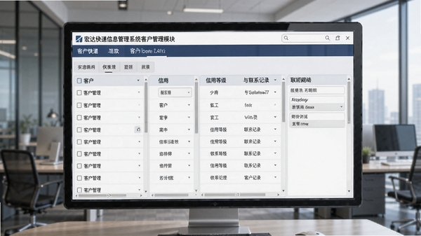 宏达快递信息管理系统客户管理模块页面,展示客户列表、信用等级与联系记录,背景为商务办公环境,风格专业稳重