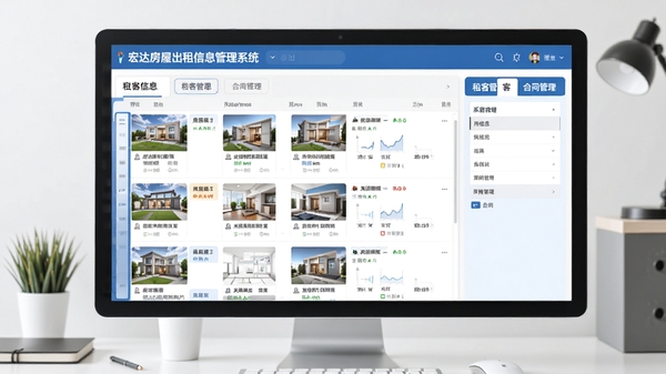 宏达房屋出租信息管理系统主界面预览图,画面展示清晰的房源列表、租客信息栏和合同管理标签页,背景为简约的办公桌面环境,整体色调以蓝白为主,界面布局规整,现代感十足