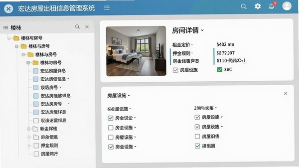 宏达房屋出租信息管理系统房源管理界面截图,左侧为楼栋与房号树状列表,右侧展示房间详情卡片,包含租金定价、押金规则和房屋设施勾选清单,界面采用卡片式布局,色彩清新,信息层级分明
