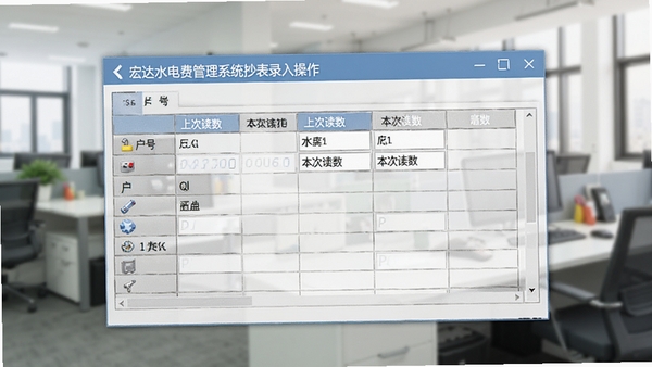 宏达水电费管理系统抄表录入操作界面,显示表格形式的表计读数输入窗口,包含户号、上次读数、本次读数等字段,背景为模糊的办公室场景