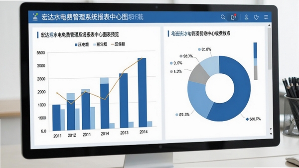 宏达水电费管理系统报表中心图表预览,界面显示柱状图与饼图统计收费数据,配色商务蓝为主,背景简洁明亮