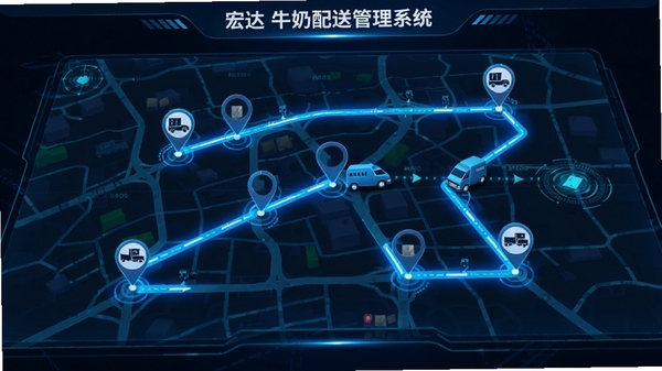 宏达牛奶配送管理系统线路规划功能示意图,画面中展现一张电子地图,上面有多个配送点标记,一条高亮的蓝色最优路线串联各个标记点,旁边有车辆小图标,整体风格科技感十足