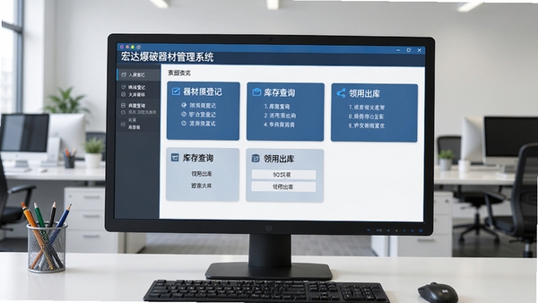 宏达爆破器材管理系统主界面预览图,画面展示软件在电脑屏幕上的运行效果,界面包含器材入库登记、库存查询、领用出库等模块列表,背景为整洁的办公室环境,整体风格写实清晰