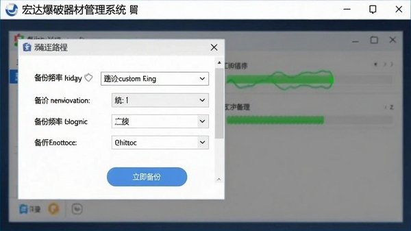 宏达爆破器材管理系统数据备份设置界面,画面显示备份路径选择、备份频率设置选项,下方有立即备份按钮,背景有进度条示意,整体风格清晰直观