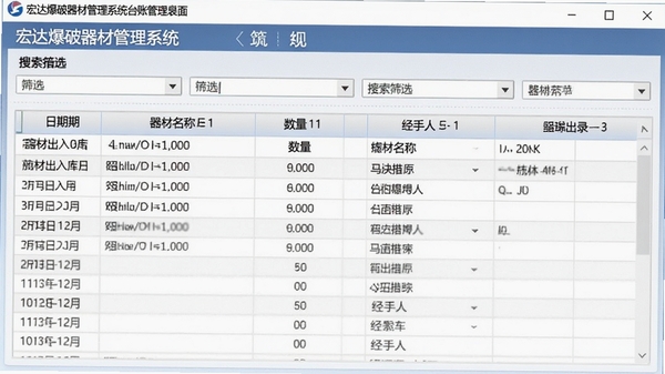 宏达爆破器材管理系统台账管理界面截图,画面显示表格形式的器材出入库记录,包含日期、器材名称、数量、经手人等列,表格上方有搜索筛选条件栏,整体界面简洁明了