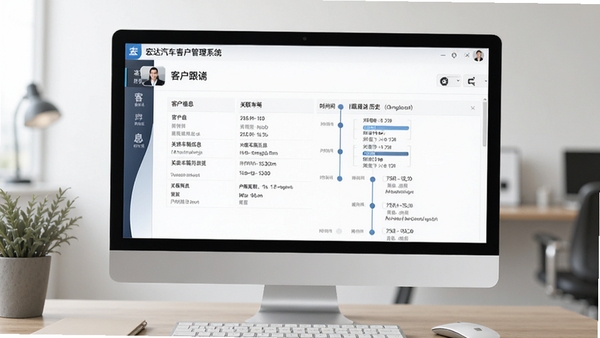 宏达汽车客户管理系统客户跟进界面示意图,画面显示电脑软件中一个客户详情页,包含客户基本信息、关联车辆信息以及时间轴式的跟进历史记录,图表清晰,界面设计简洁专业,适合放入软件介绍文章中。