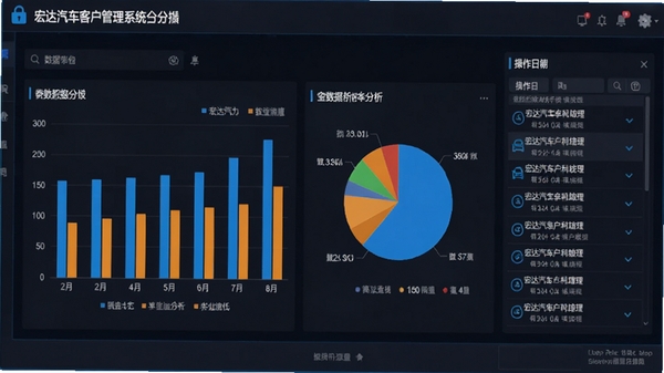 宏达汽车客户管理系统数据报表截图,画面展示一个包含柱状图和饼图的统计分析界面,旁边有操作日志列表,整体风格为深色背景搭配亮色数据展示,强调数据安全和可视化分析,图片质量高,适合用于软件功能介绍。