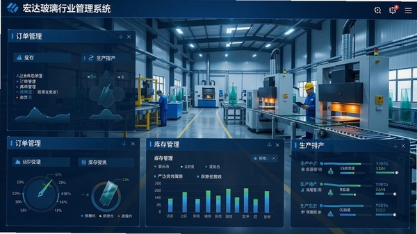 宏达玻璃行业管理系统主界面截图,展示订单管理、库存管理、生产排产等核心功能模块的仪表盘布局,背景为现代玻璃加工车间,整体色调为蓝色科技感风格