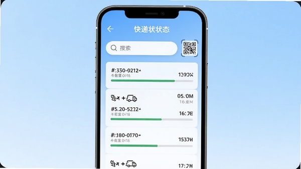快递寄收状态查主界面预览图,手机屏幕中央显示多个快递单号的物流进度列表,上方有搜索框和扫码按钮,背景为浅蓝色渐变,整体风格简洁明亮,突出软件名称和核心功能
