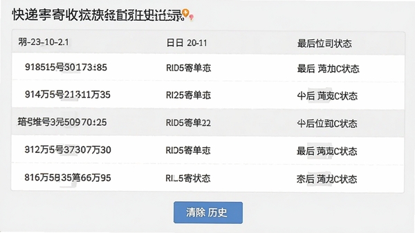 快递寄收状态查历史记录页面截图,列表按日期分组显示快递单号、快递公司和最后物流状态,底部有清除历史按钮,背景为浅灰色,字体清晰