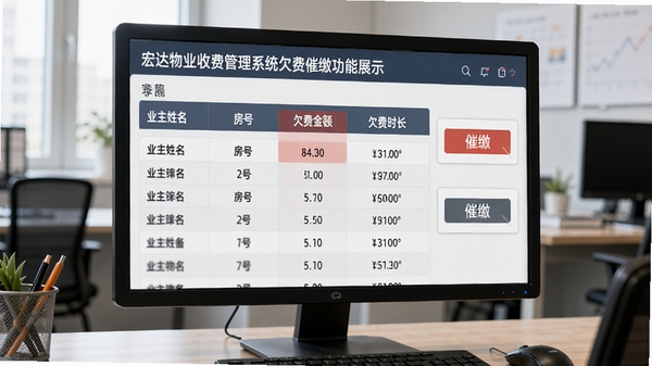 宏达物业收费管理系统欠费催缴功能展示,表格列出业主姓名、房号、欠费金额、欠费时长,右侧有催缴按钮,界面风格为数据报表样式,背景为办公室电脑屏幕,带有关键数据高亮显示