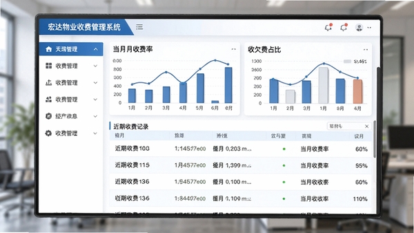 宏达物业收费管理系统主界面预览图,展示清晰的收费管理仪表盘,左侧功能导航栏,中间为近期收费记录列表,上方统计图表显示当月收费率与欠费占比,整体界面简洁商务,蓝白配色,背景为模糊的办公环境,风格写实清晰