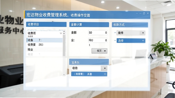 宏达物业收费管理系统收费操作界面截图,显示收费项目选择、金额计算、收款方式选择等模块,界面布局规整,数据清晰,背景为物业服务中心前台场景,光线明亮