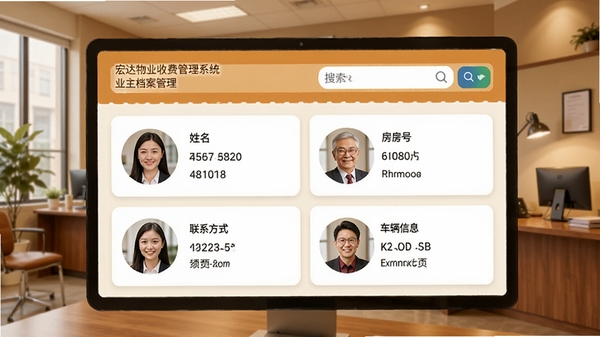 宏达物业收费管理系统业主档案管理界面,以卡片形式展示业主信息,包含头像、姓名、房号、联系方式、车辆信息等,界面友好,搜索框醒目,背景为物业管理处办公场景,色调温馨