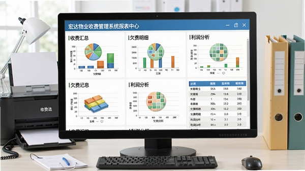 宏达物业收费管理系统报表中心截图,显示各类报表图标,包括收费汇总、欠费明细、利润分析等,界面为图表与列表结合,色彩明快,背景为办公室桌面,有打印机和文件夹