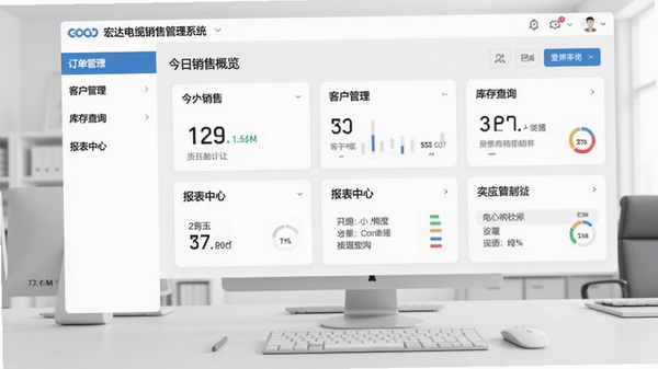 宏达电缆销售管理系统主界面,左侧菜单栏显示订单管理、客户管理、库存查询、报表中心等模块,中央区域为今日销售概览数据卡片,背景为浅灰色办公桌面,整体风格简洁明亮,适配Boogu模型生成