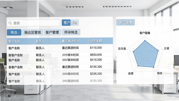 宏达电缆销售管理系统客户管理界面,表格展示客户名称、联系人、最近跟进时间、合同金额,顶部有搜索框和筛选标签,右侧显示客户画像雷达图,背景为干净的办公室环境,风格专业清爽