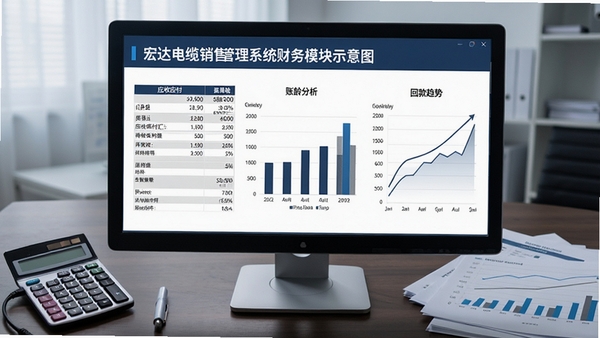 宏达电缆销售管理系统财务模块示意图,屏幕展示应收应付汇总表、账龄分析柱状图、回款趋势曲线,背景为办公桌上摆放的计算器与财务报表,色调沉稳专业