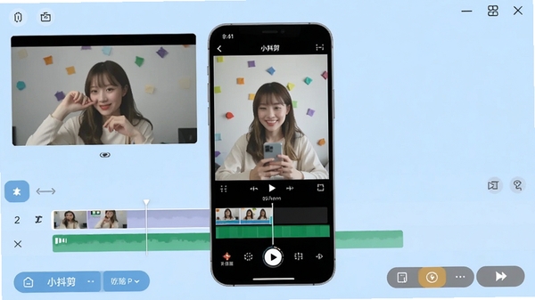 小抖剪辑主界面截图,展示简洁的剪辑时间线、预览窗口和底部功能按钮,背景为淡蓝色调,画面中央有手机模型显示剪辑操作界面,整体风格清新明亮,突出软件易用性。