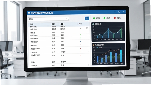 宏达电脑资产管理系统主界面预览图,展示软件在电脑屏幕上运行,界面包含设备列表、搜索栏、状态指示灯和统计图表,背景为现代办公室,画面清晰明亮,采用写实风格