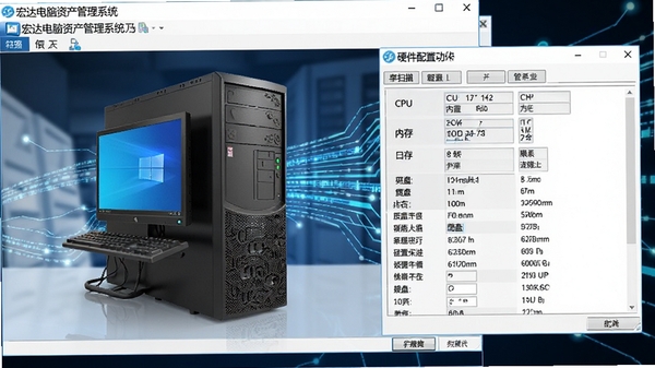 宏达电脑资产管理系统硬件信息采集功能截图,画面显示软件正在扫描一台台式机,右侧弹出详细的硬件配置列表,包括CPU、内存、硬盘等参数,背景有数据流动线条,科技感强