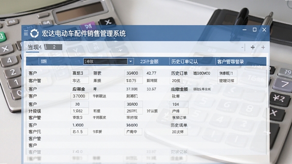 宏达电动车配件销售管理系统客户管理界面,显示客户列表、应收款金额、历史订单记录,背景为办公桌面计算器,风格商务