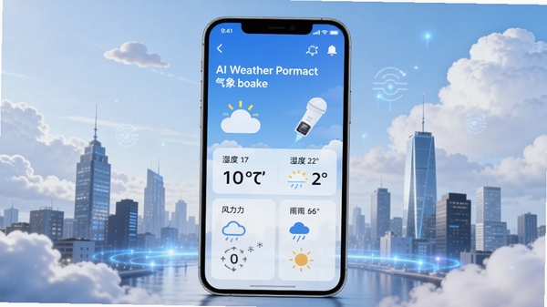画面中央展示一款名为AI天气预报气象报的手机应用界面,界面风格简洁现代,显示有温度、湿度、风力、降雨概率等核心数据,背景为城市天际线与云层,色调清新明亮,结合科技感的光效,整体风格专业且亲和,适配移动端竖屏展示。