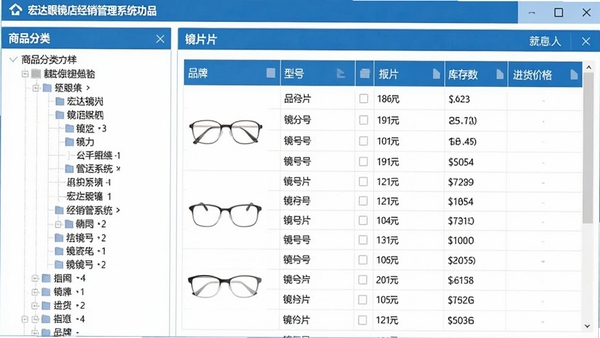宏达眼镜店经销管理系统商品管理功能截图,左侧为商品分类树,右侧显示镜架和镜片的详细信息表格,包括品牌、型号、库存数量、进货价格等字段,界面采用蓝白配色,数据条理清晰