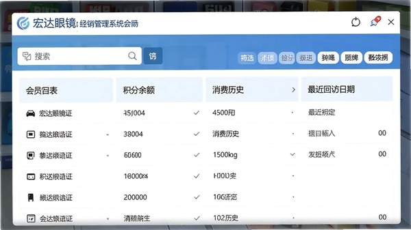 宏达眼镜店经销管理系统会员管理界面,展示会员列表、积分余额、消费历史、最近回访日期等栏目,界面带有搜索框和筛选标签,整体设计风格清爽,强调数据易读性