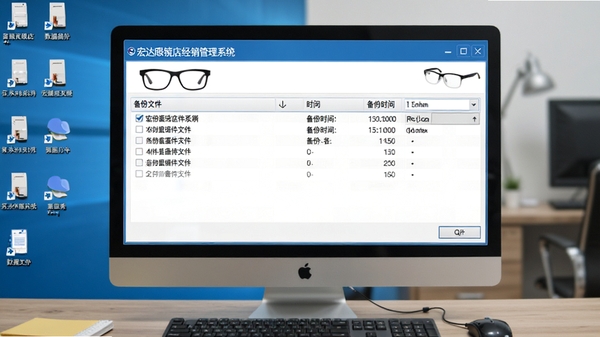 宏达眼镜店经销管理系统数据备份界面,显示备份文件列表和备份时间,背景为电脑桌面,界面简洁直观,强调数据安全操作