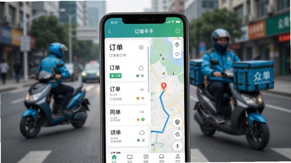 众包骑手同城闪送APP界面预览图,主体为手机屏幕展示订单列表与地图导航双屏交互,背景为模糊的城市街道与骑手电动车身影,整体风格写实清晰,突出配送接单场景