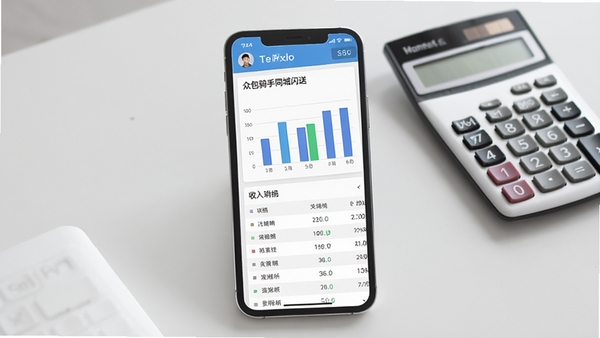 众包骑手同城闪送收入统计页面,手机屏幕展示柱状图与收入明细列表,背景为简洁的桌面与计算器,风格简约商务,突出数据清晰