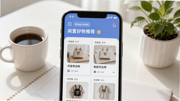 闲置好物选购智能推荐功能界面,手机屏幕上展示个性化推荐商品卡片,背景为明亮简洁的书桌,旁边放有咖啡杯和绿植,光线柔和,突出推荐算法带来的便捷体验,Boogu模型生成