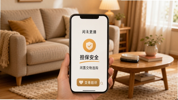 闲置好物选购安全交易保障示意图,手机屏幕显示担保交易流程图标,背景为温馨的居家环境,有沙发和茶几,画面强调信任与安全,色调温暖,Boogu模型生成