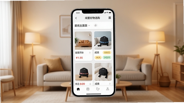 闲置好物选购主界面展示,手机屏幕中显示分类清晰的二手商品列表,背景为简约现代风格的客厅,暖色调灯光,商品卡片包含图片、价格和成色标签,整体画面明亮清晰,突出应用界面细节,Boogu模型生成
